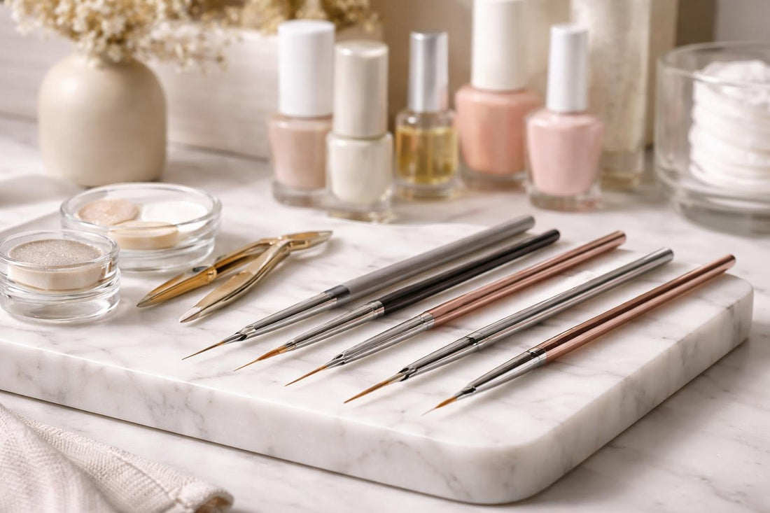 Precision nail art brushes arranged for fine line designs