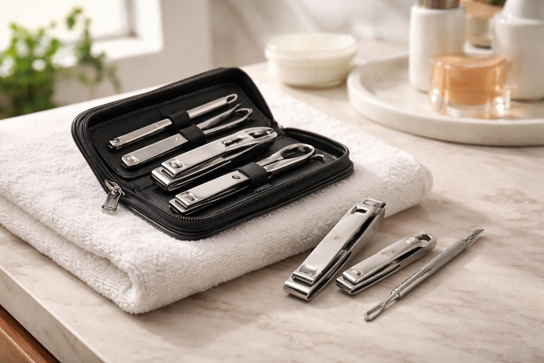 precision nail clippers and trimmer on towel with case