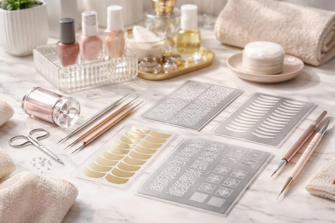 assorted precision nail art templates and tools