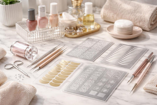 assorted precision nail art templates and tools