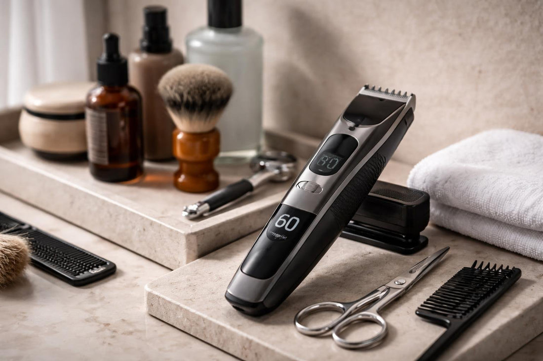 precision beard trimmer close-up with shaving guide