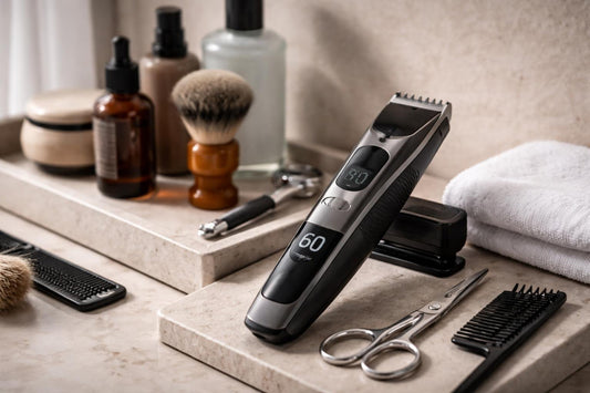 precision beard trimmer close-up with shaving guide