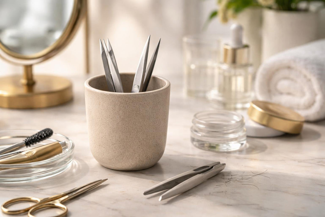 Close-up of precision tweezers for brow shaping in Canada