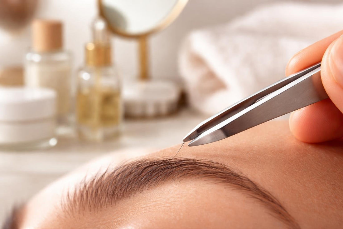 Precision hair removal tweezers gripping a single eyebrow hair