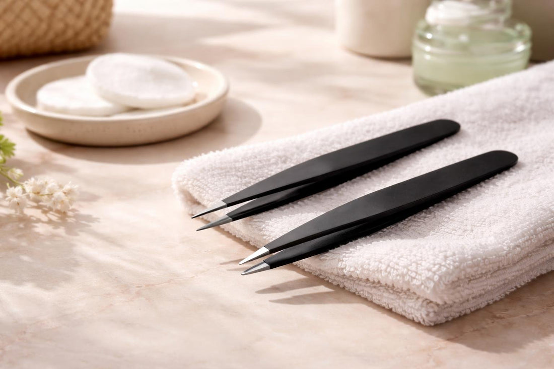 black precision tweezers on soft background for sensitive skin