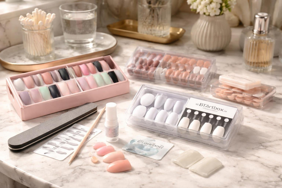 assorted press on nail sets and accessories on display