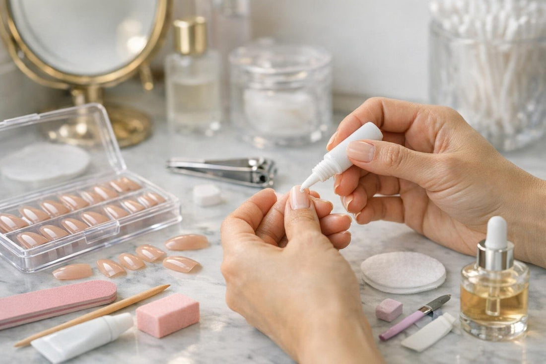 Beginner applying press-on false nails with glue at home