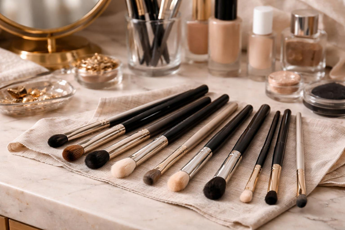 professional eyeshadow brushes laid out on table