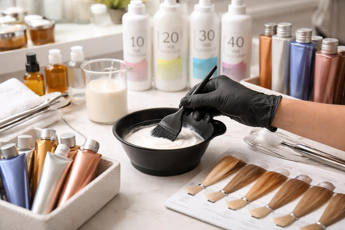stylist mixing professional hair colour products