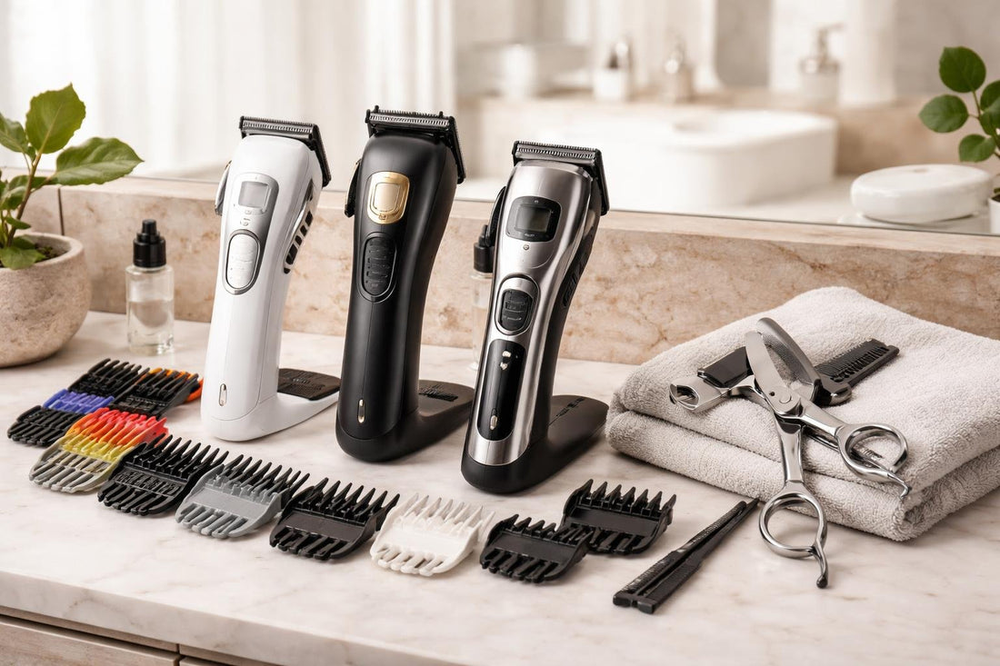 Professional hair cutting kits with clippers, guards, and shears