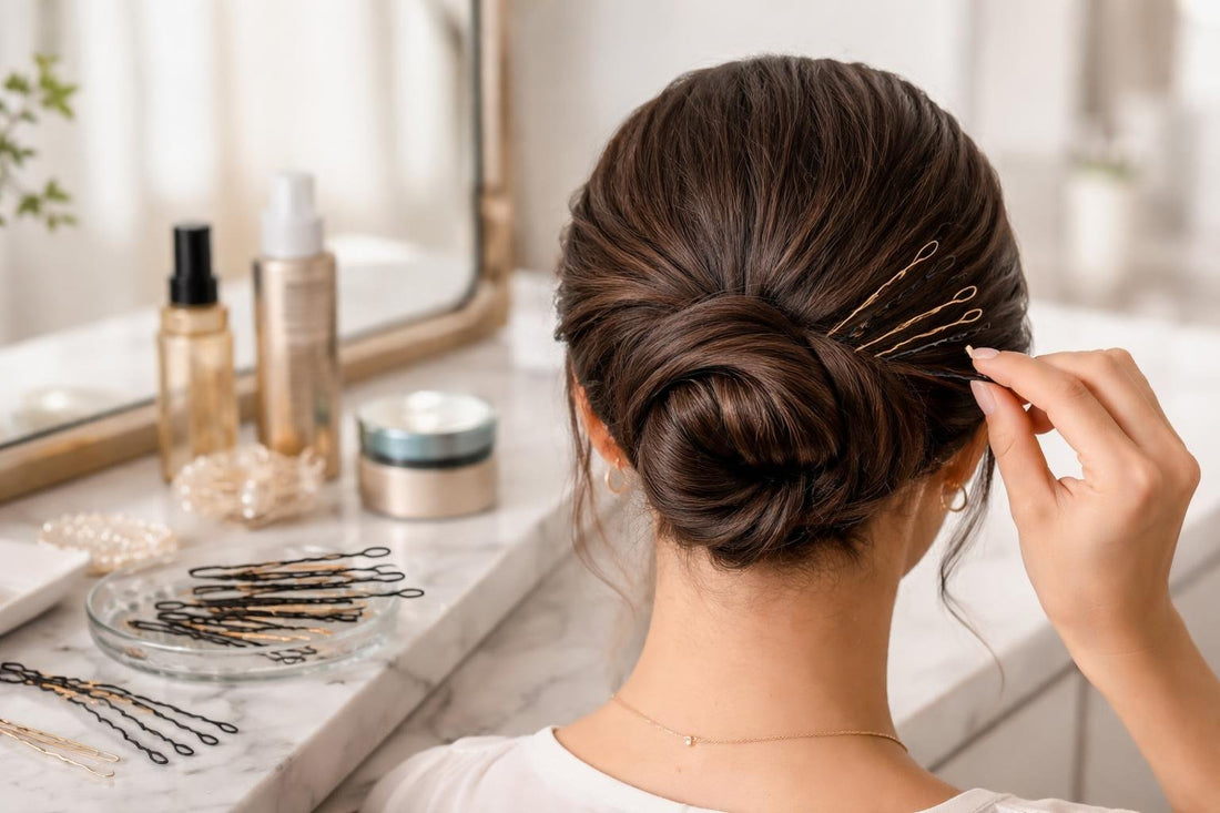 Professional hair styling pins holding a low chignon securely