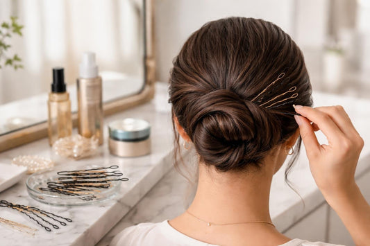 Professional hair styling pins holding a low chignon securely