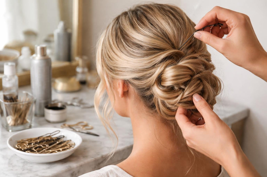 Toronto stylist securing bridal updo with pins