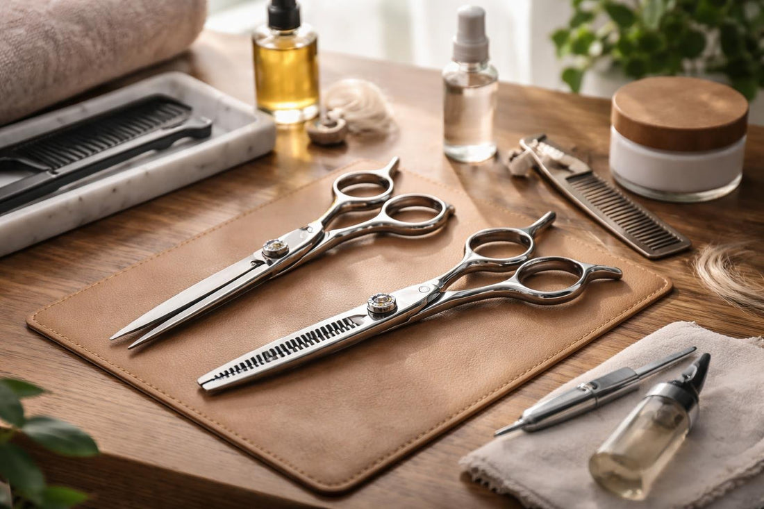 professional hair cutting shears set on wooden table