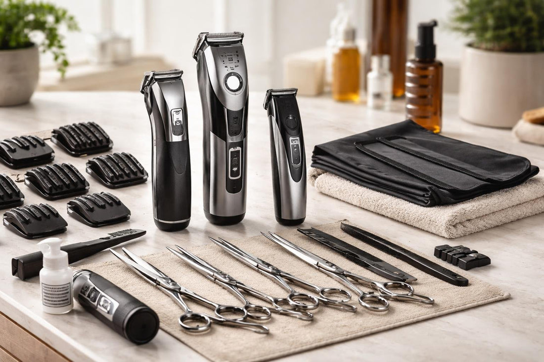 assorted professional hair cutting tools laid out