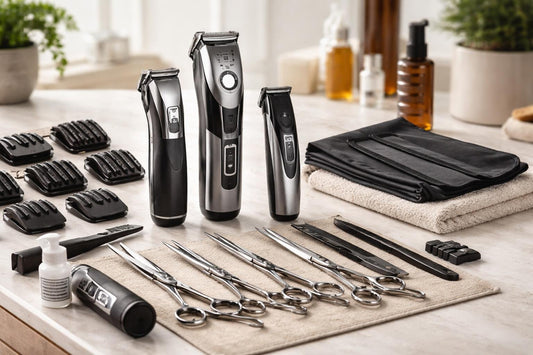 assorted professional hair cutting tools laid out