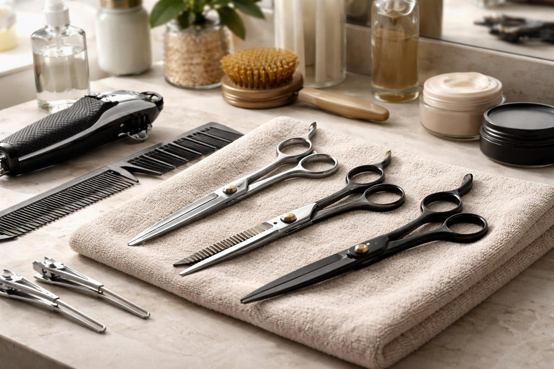 professional hair cutting tools and precision scissors on table