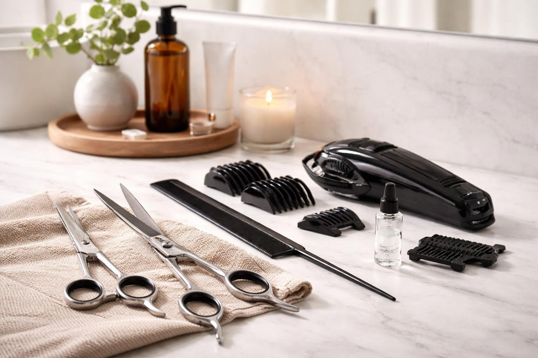 Professional hair cutting tools and scissors on counter