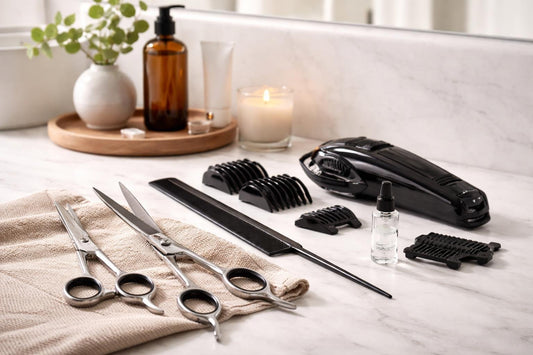 Professional hair cutting tools and scissors on counter