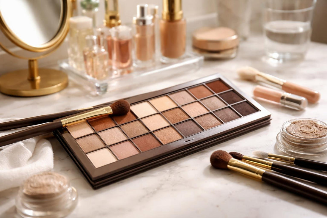 Professional makeup palette with blended neutrals and shimmer