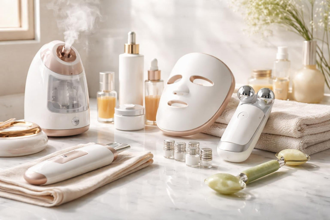 professional skin care tools laid out on counter