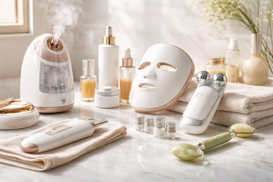 professional skin care tools laid out on counter