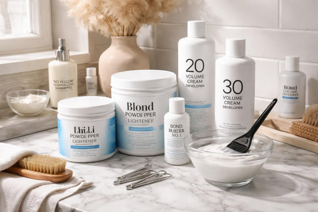 Professional hair bleach products on Canadian vanity
