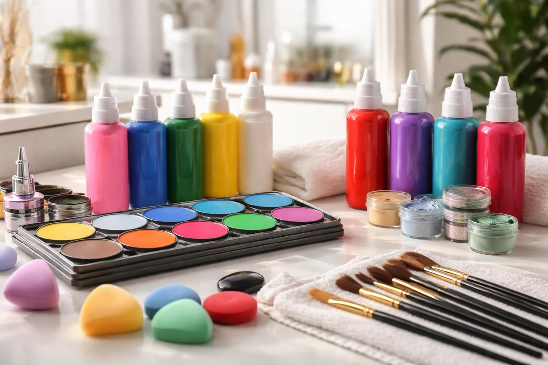 professional body paint bottles and tools on table