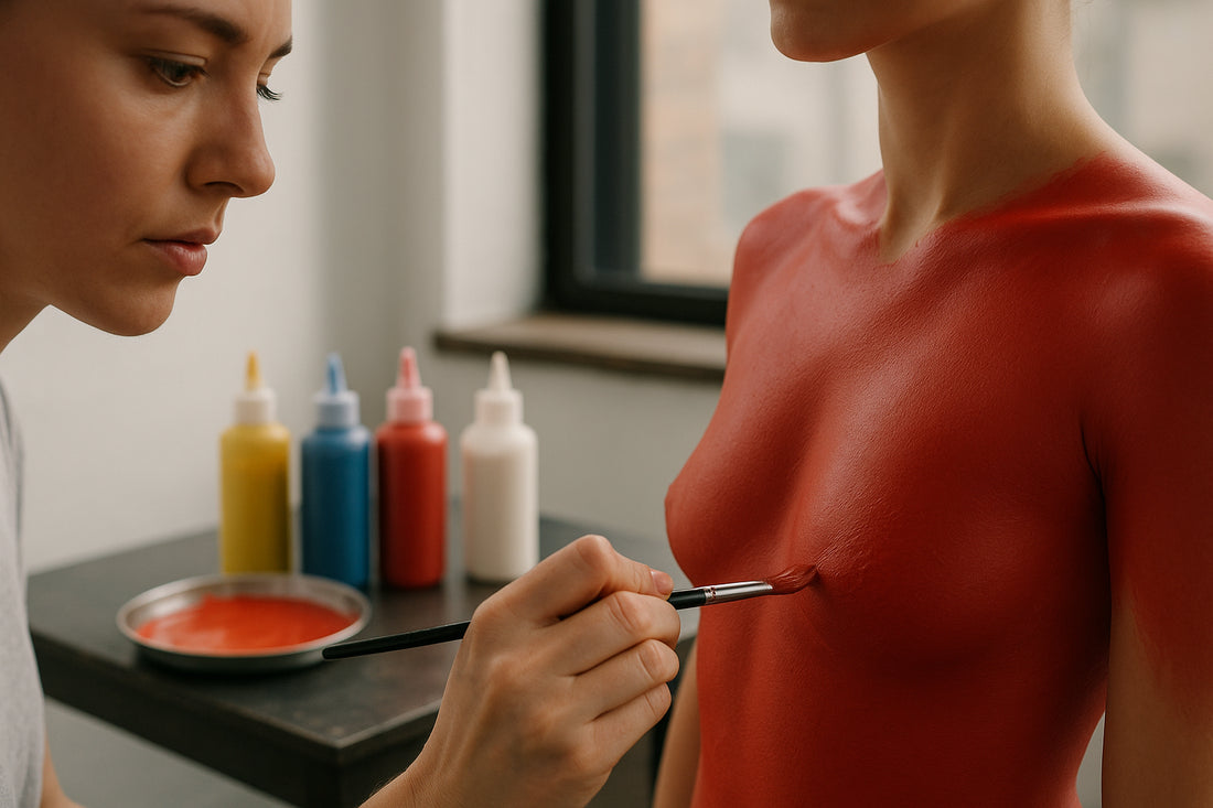 Experienced artist applying professional body paint on model