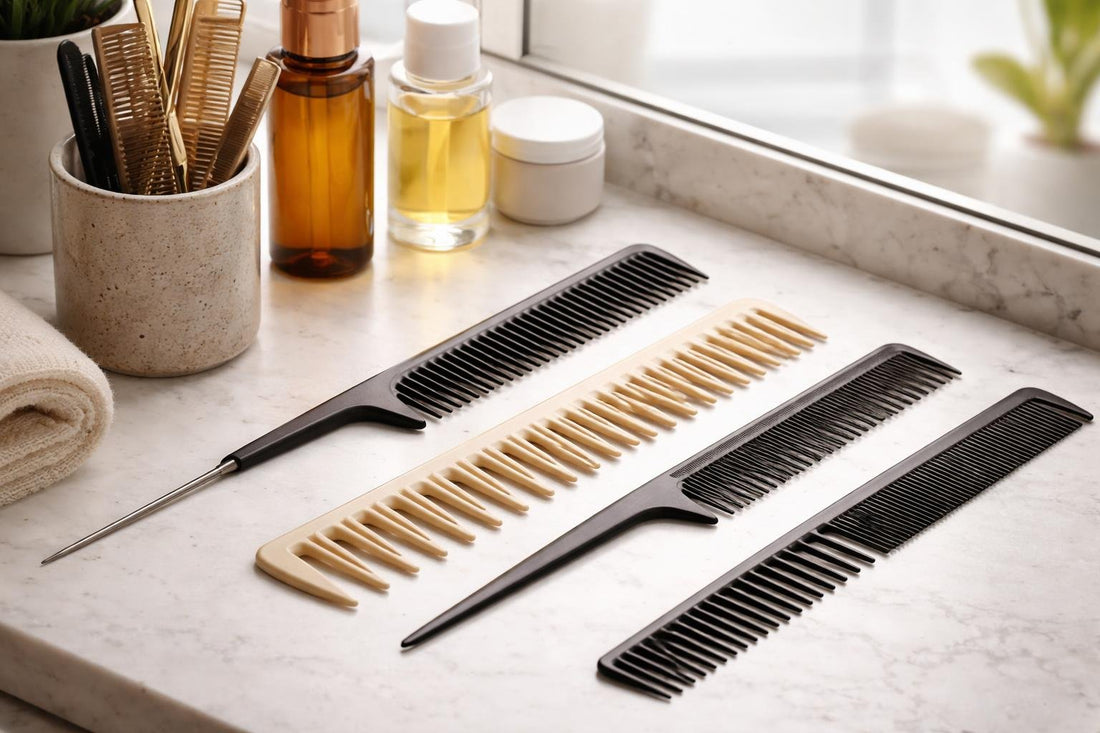 Professional hair combs displayed on salon counter in Canada