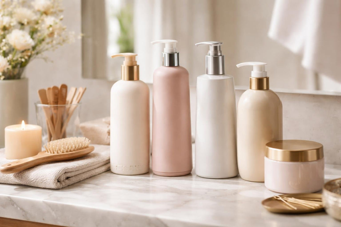 professional hair conditioner collection on bathroom shelf