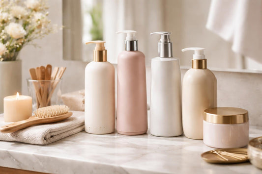 professional hair conditioner collection on bathroom shelf