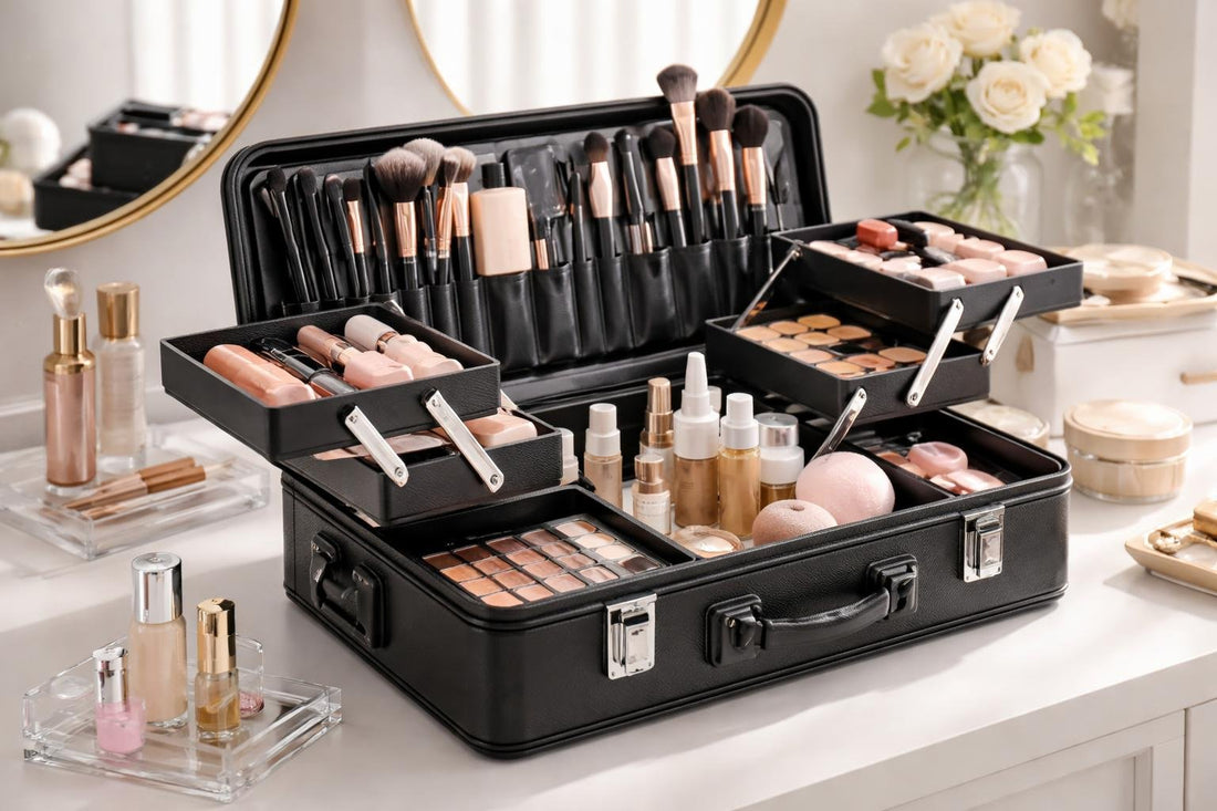 Open professional cosmetic train case with trays and brushes
