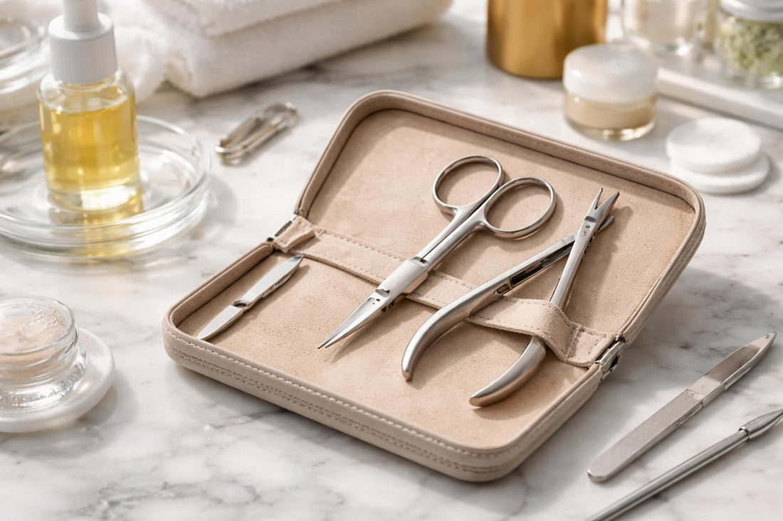 Close-up of professional cuticle scissors in case