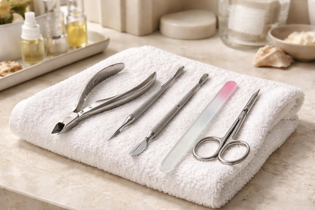 Professional cuticle tools laid out on towel