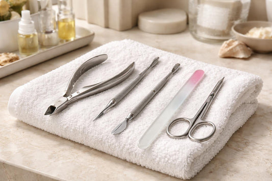 Professional cuticle tools laid out on towel