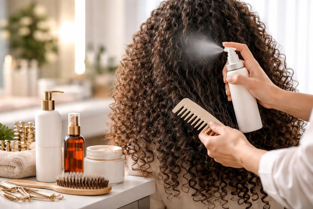 Stylist using professional detangler on thick curly hair