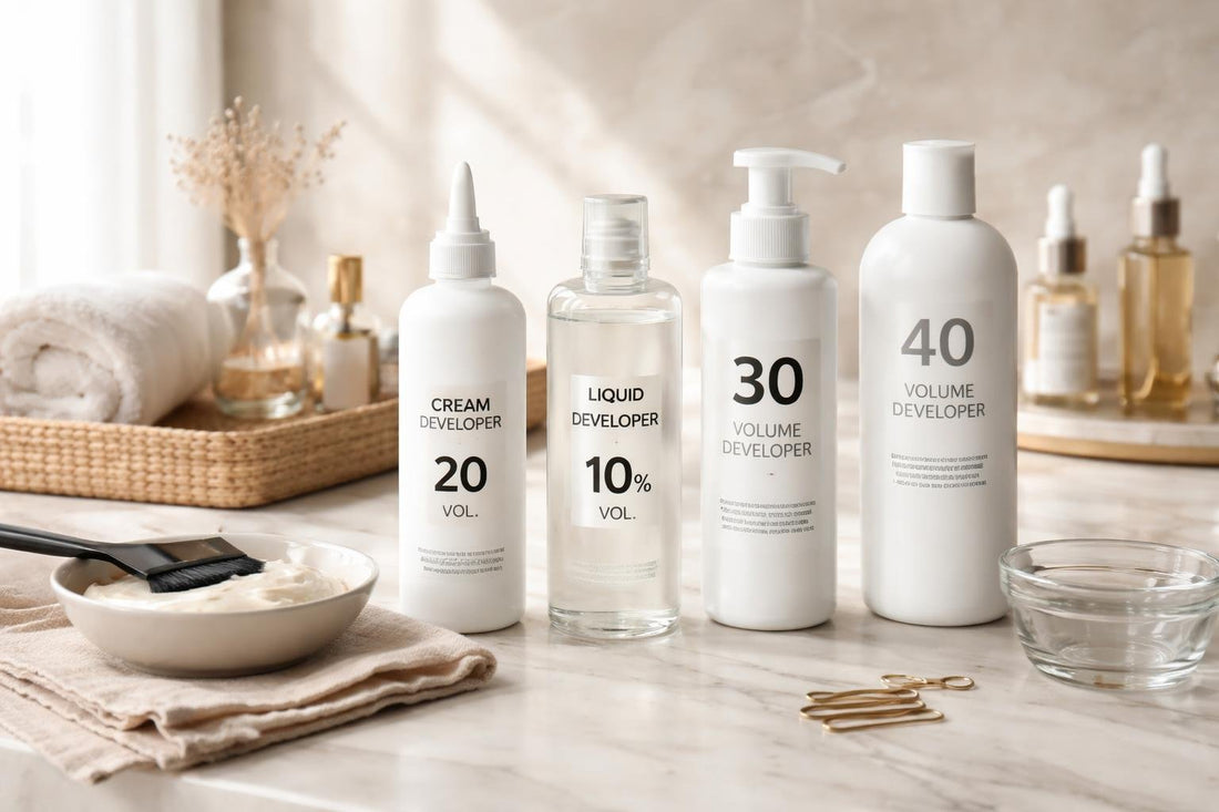 Assorted professional hair color developers in cream and liquid