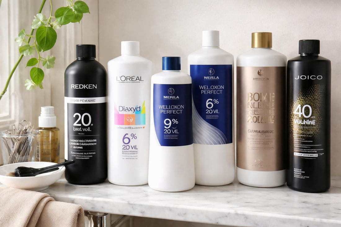 Bottles of professional hair color developers on shelf