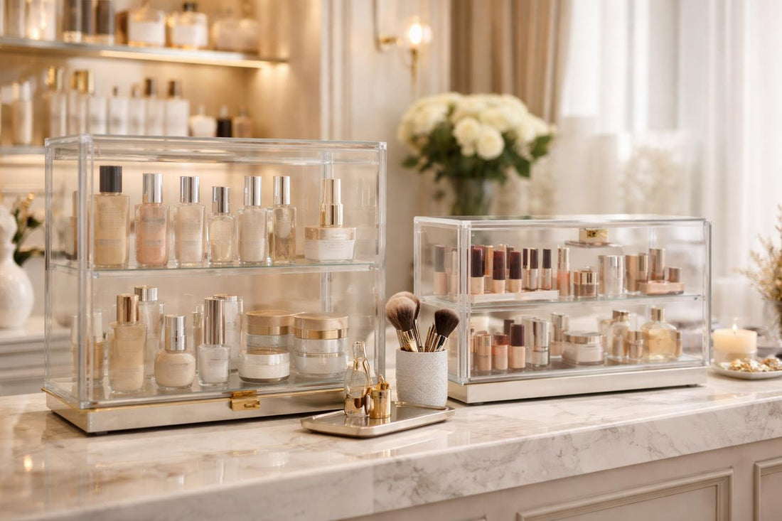 Professional cosmetic display cases on boutique counter