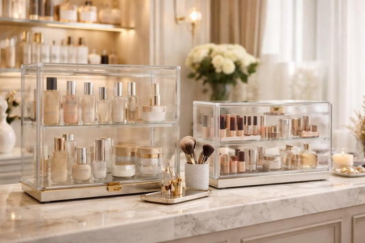 Professional cosmetic display cases on boutique counter