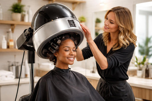 Salon stylist using professional hair drying hood