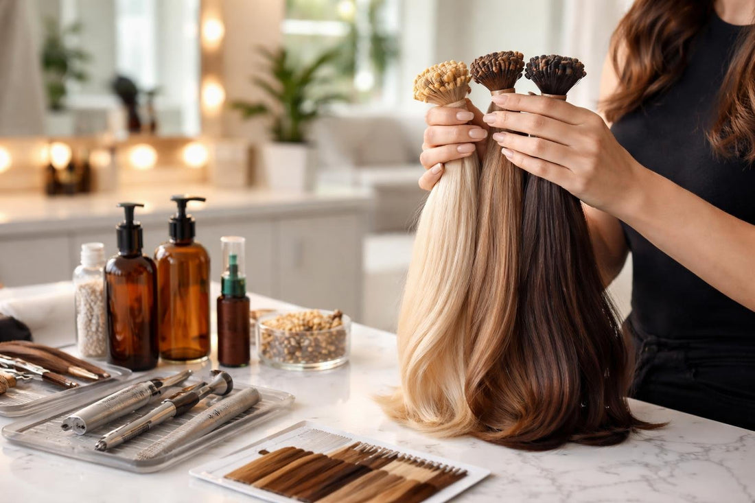 Toronto stylist holding professional hair extensions