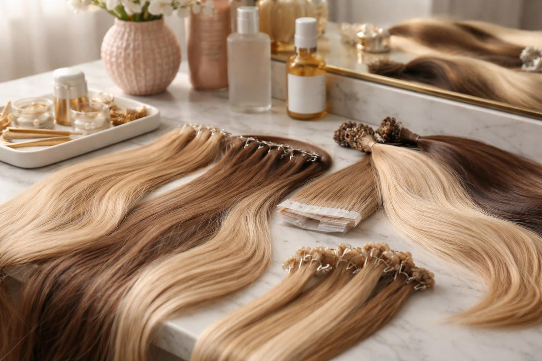Professional hair extensions shown in blended shades and lengths