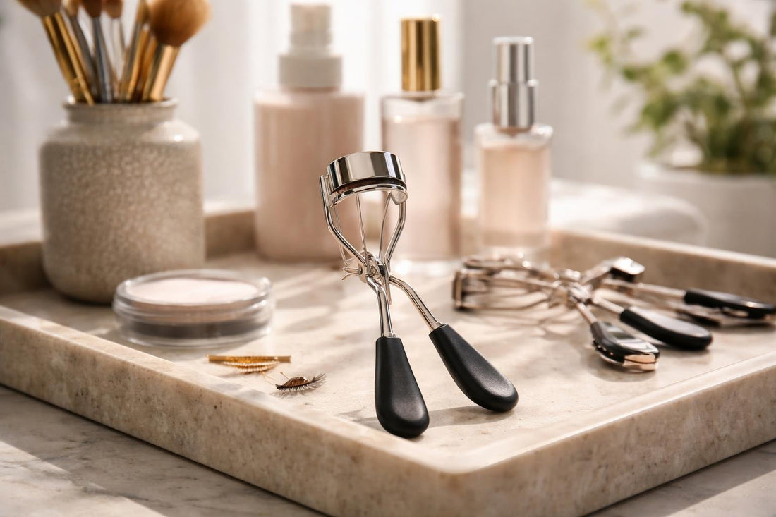 Professional eyelash curler creating a smooth lifted lash curl