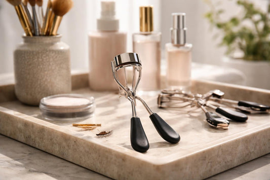 Professional eyelash curler creating a smooth lifted lash curl
