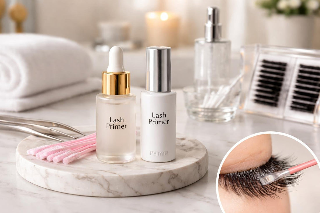 Professional eyelash primer applied to lashes with microbrush