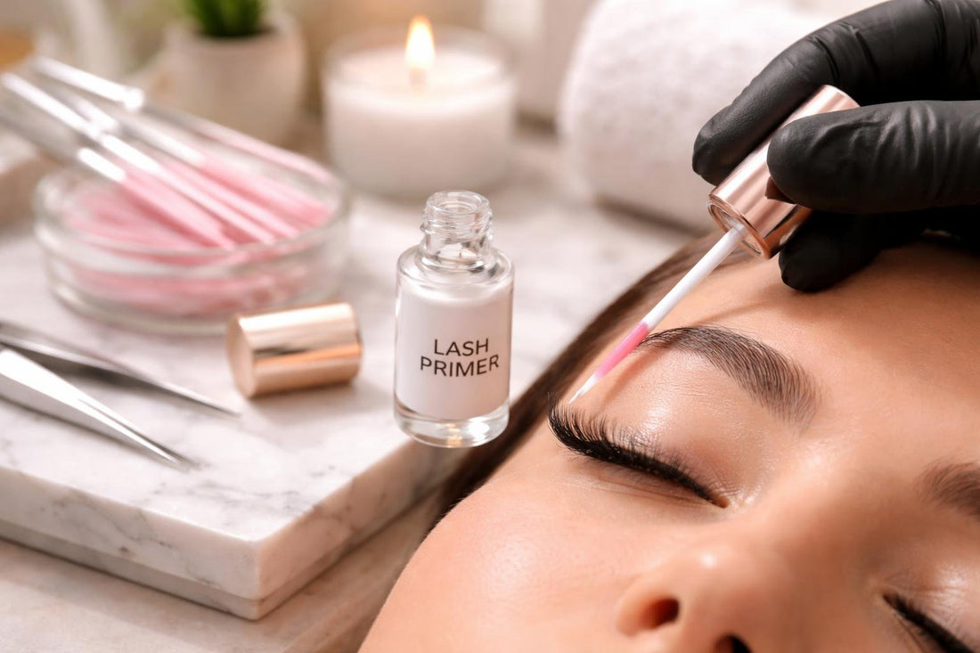 Applying professional eyelash primer with microbrush for clean prep