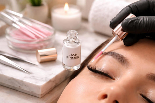 Applying professional eyelash primer with microbrush for clean prep