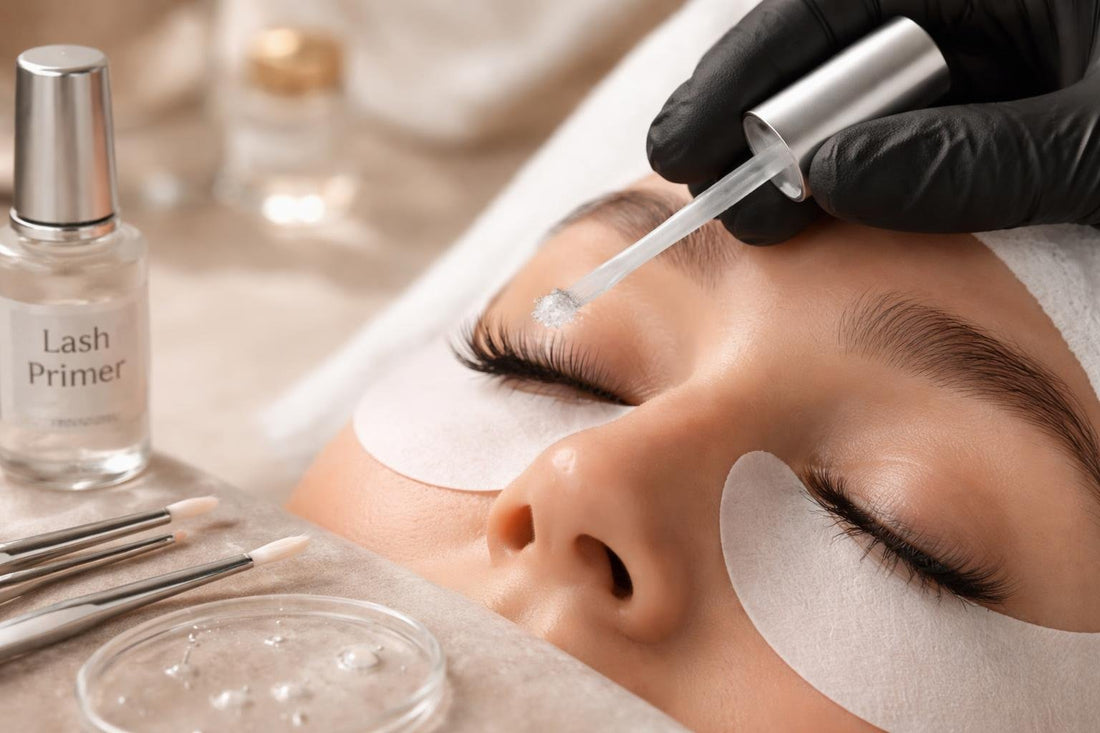 Professional eyelash primer application close-up on natural lashes